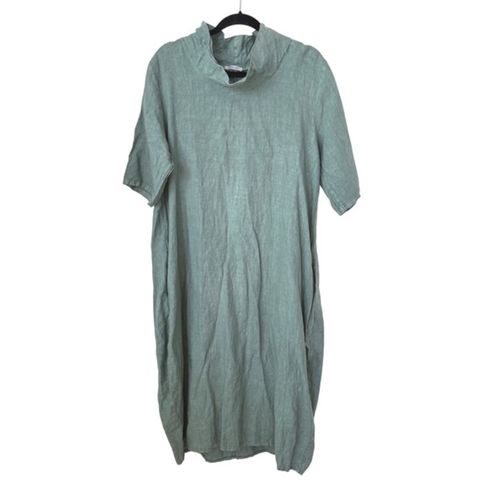 Puro Lino Sage Green 100% Linen Funnel Neck Midi Shift Dress‎ Made in Italy